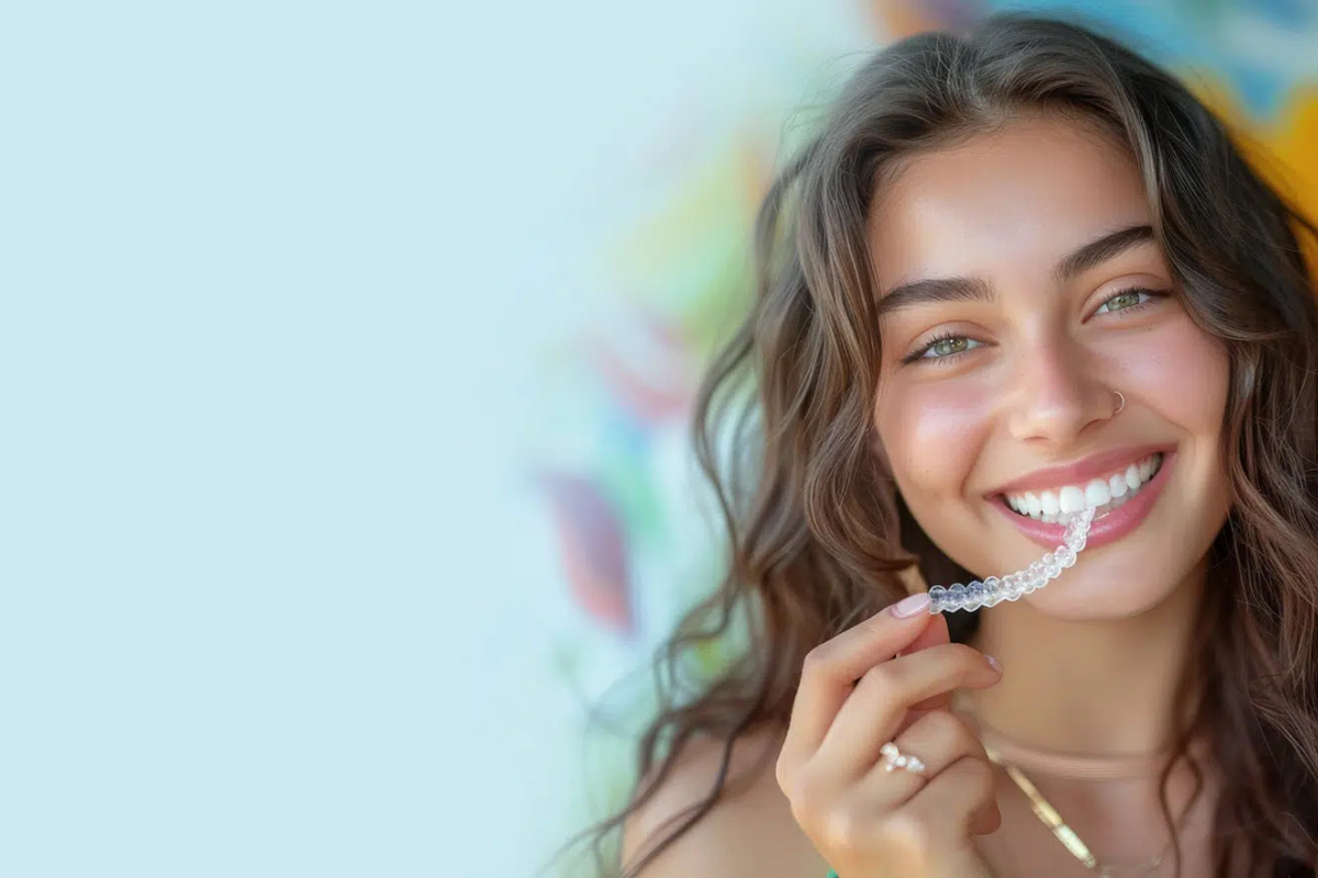 A Woman holding Invisalign aligners and smiling